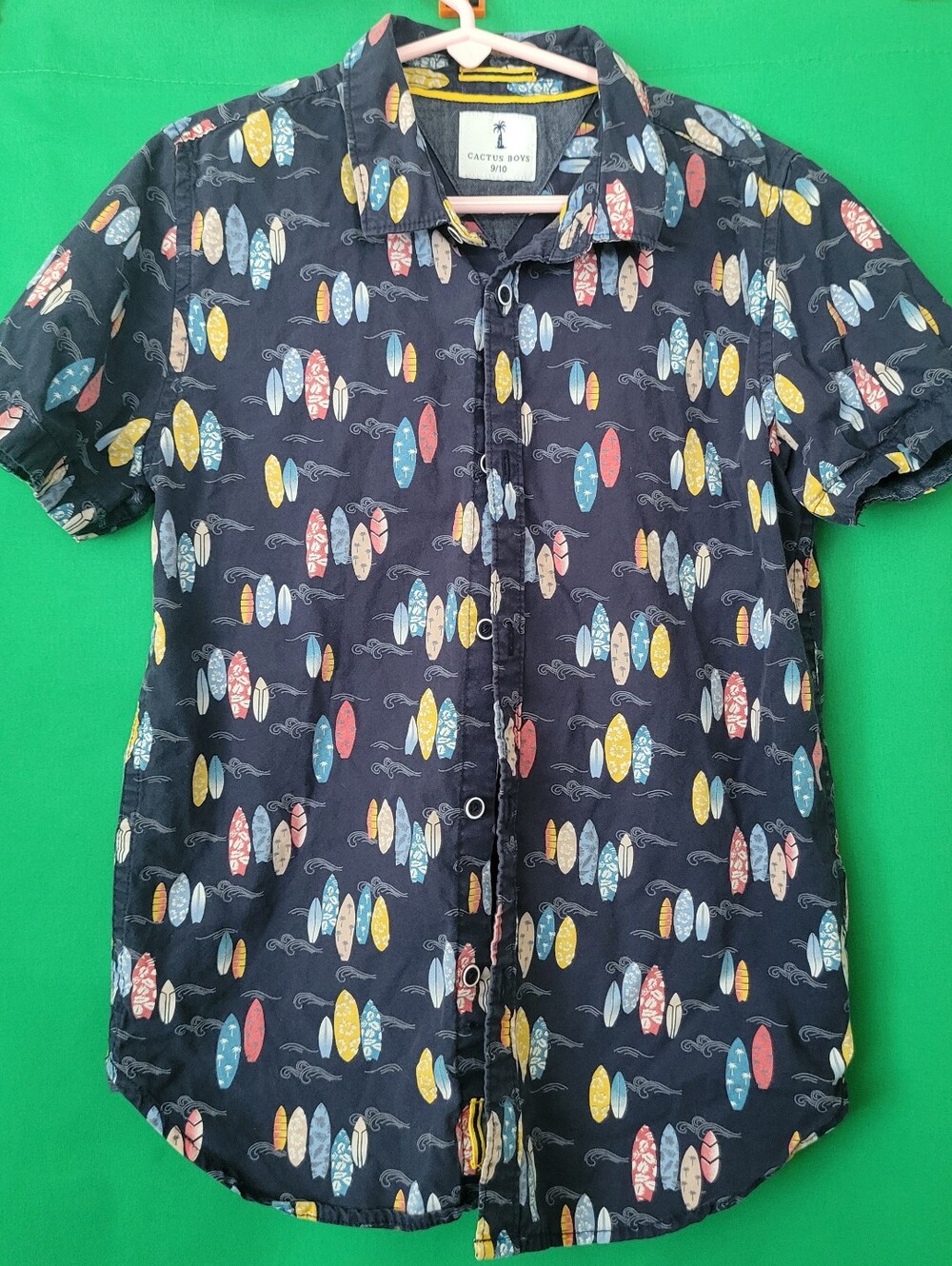 Cactus Boys Navy Surfboard Print Short Sleeve Shirt Button Up Sz 9/10 8 Collared